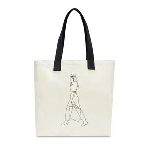 Canvas Tote Bag with Line Art - Cream/Black